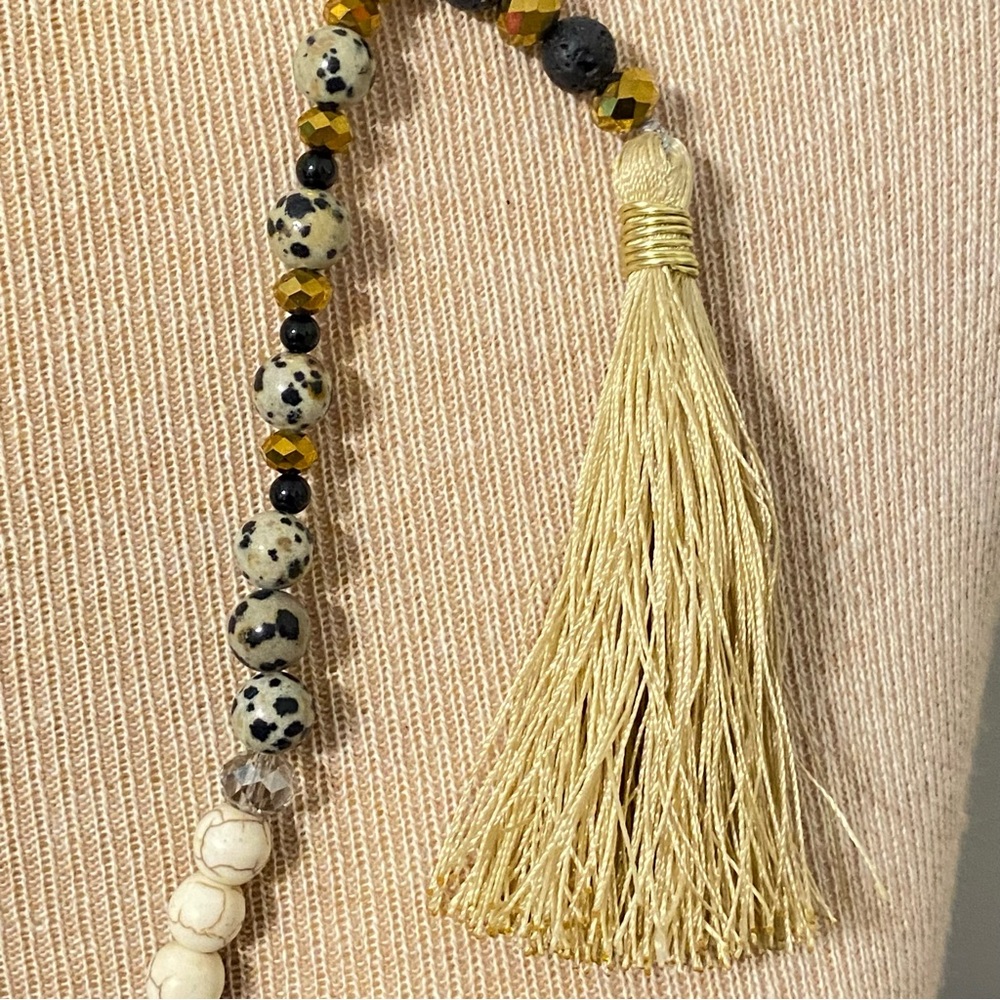 Semi-Precious Stones Long Y-Shaped Beaded Necklace with Tassel - Picture 6 of 8